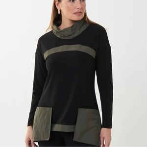 Joseph Ribkoff Tunic Lagenlook Art to Wear Black Taupe Green High Neck, Size 16